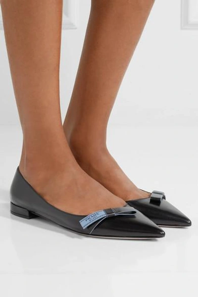 Shop Prada Logo-print Leather Point-toe Flats In Black