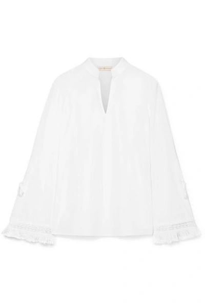 Shop Tory Burch Sophie Fringed Crochet-trimmed Cotton-poplin Top In White