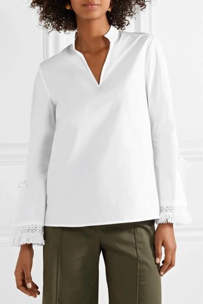 Shop Tory Burch Sophie Fringed Crochet-trimmed Cotton-poplin Top In White