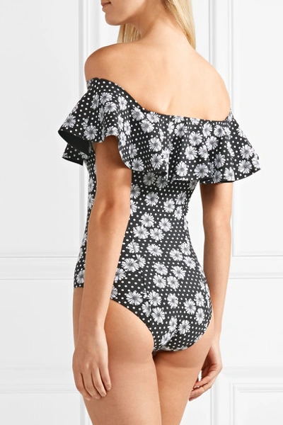 Shop Lisa Marie Fernandez Mira Off-the-shoulder Ruffled Printed Bonded Swimsuit In Black