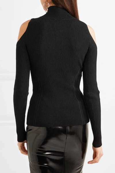 Shop Mugler Cold-shoulder Embellished Ribbed-knit Top In Black