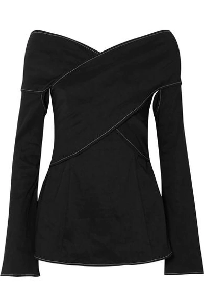 Shop Beaufille Prima Off-the-shoulder Stretch Linen-blend Blouse In Black
