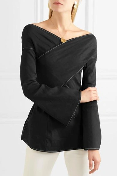 Shop Beaufille Prima Off-the-shoulder Stretch Linen-blend Blouse In Black