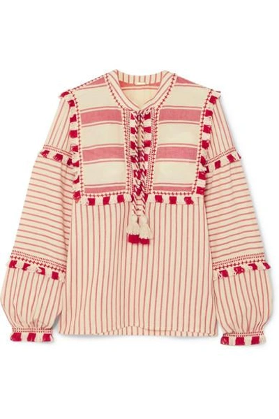 Shop Dodo Bar Or Tasseled Striped Cotton-gauze Blouse In Red