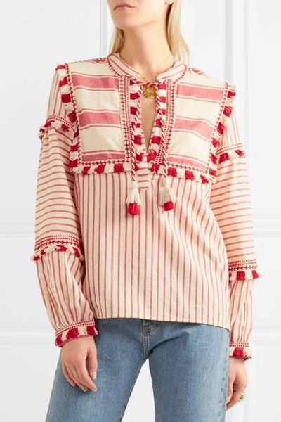 Shop Dodo Bar Or Tasseled Striped Cotton-gauze Blouse In Red