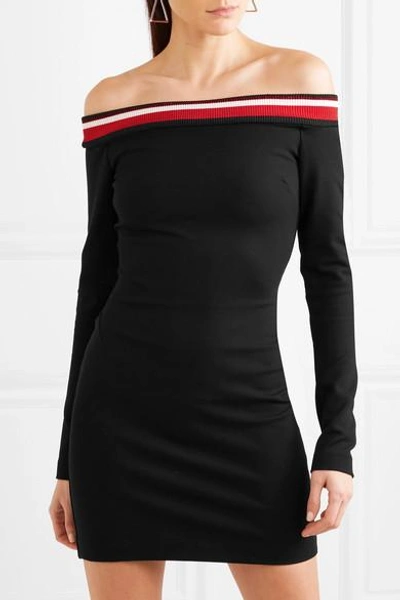 Shop Mugler Off-the-shoulder Striped Stretch-jersey Mini Dress In Black