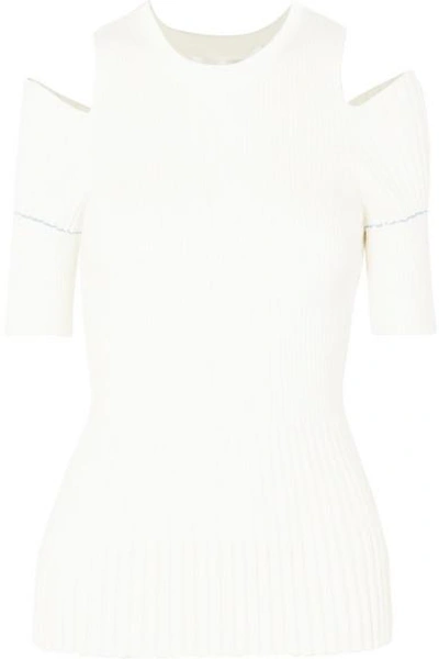 Shop Victoria Beckham Cold-shoulder Ribbed-knit Wool-blend Top In White