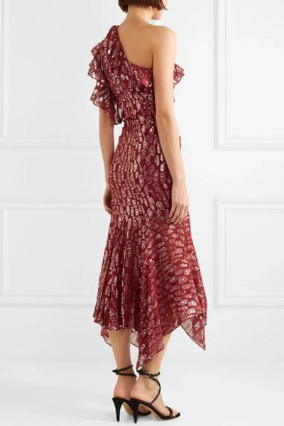 Shop Veronica Beard Leighton One-shoulder Ruffled Metallic Silk-blend Jacquard Dress In Burgundy