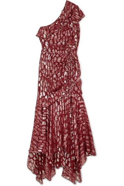 Shop Veronica Beard Leighton One-shoulder Ruffled Metallic Silk-blend Jacquard Dress In Burgundy