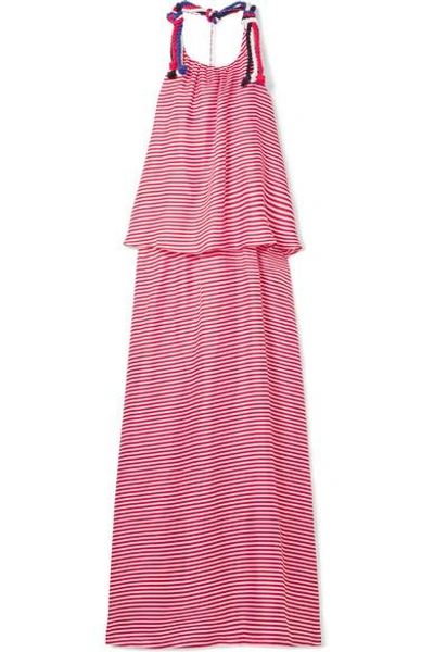 Shop Paper London Amalfi Rope-trimmed Striped Silk-twill Maxi Dress In Red