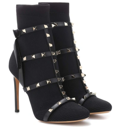 Shop Valentino Garavani Rockstud Knitted Ankle Boots In Black