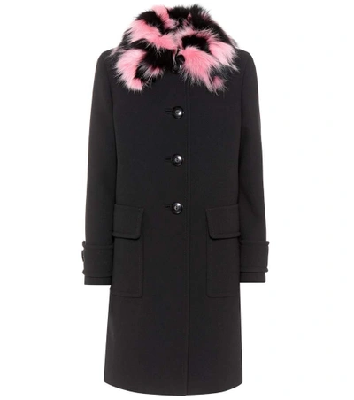 Shop Miu Miu Fur-trimmed Wool-crêpe Coat In Black