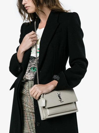 Shop Saint Laurent Ivory Croc Sunset Monogram Leather Shoulder Bag - Neutrals