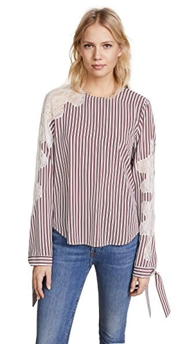 Shop Robert Rodriguez Lace Inserted Stripe Blouse In Crimson Barcode