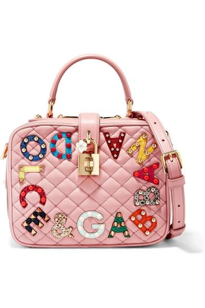 Shop Dolce & Gabbana Lucia Embellished Watersnake And Quilted Leather Shoulder Bag In Pink