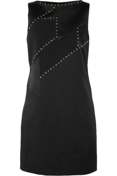 Shop Versace Studded Paneled Satin And Crepe Mini Dress In Black