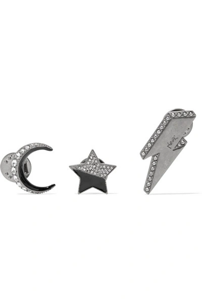 Shop Saint Laurent Set Of Three Silver-tone, Crystal And Enamel Brooches