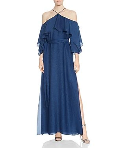 Shop Halston Heritage Ruffled Cold-shoulder Gown In Navy