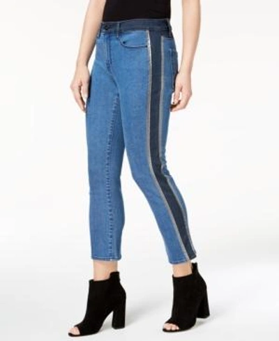 Shop Dkny Mixed-denim Cropped Jeans In Indigo