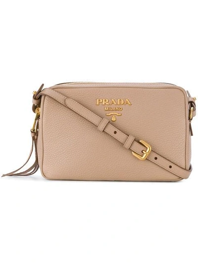 Shop Prada Logo Crossbody Bag - Nude & Neutrals