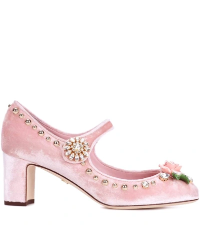 Shop Dolce & Gabbana Crystal-embellished Velvet Pumps In Pink