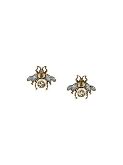 Shop Gucci Bee Earrings With Crystals In Metallic