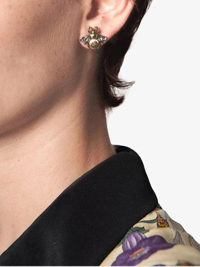 Shop Gucci Bee Earrings With Crystals In Metallic