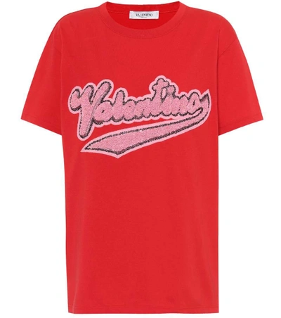 Shop Valentino Embellished Cotton T-shirt In Red