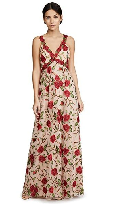 Shop Alice And Olivia Beck Low Back Gown With Train In Nude/red