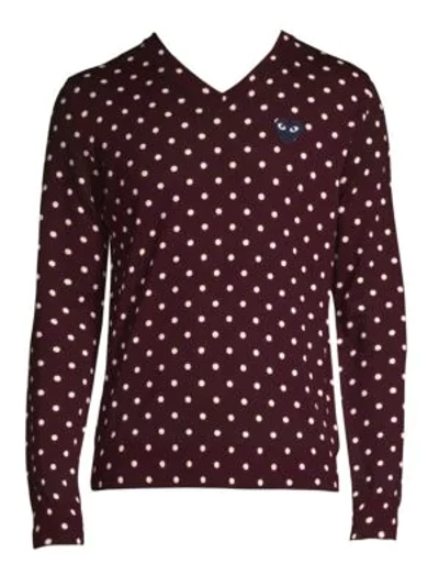 Shop Comme Des Garçons Play Black Heart Wool Polka Dot Sweater In Burgundy