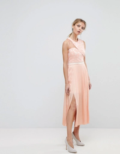 Shop Three Floor Asymmetric Shoulder Pleated Midi Dress-pink