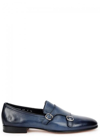 Shop Santoni Blue Leather Monk-strap Shoes