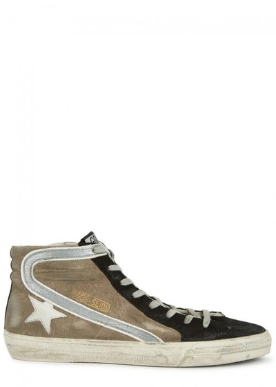 Shop Golden Goose Slide Suede And Canvas Distressed Hi-top Trainers In Black