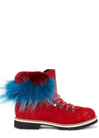 Shop Mr & Mrs Italy Fur-trimmed Suede Ankle Boots In Red