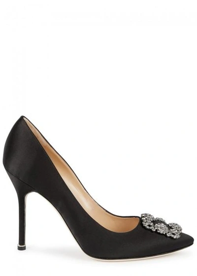 Shop Manolo Blahnik Hangisi 105 Black Silk Satin Pumps