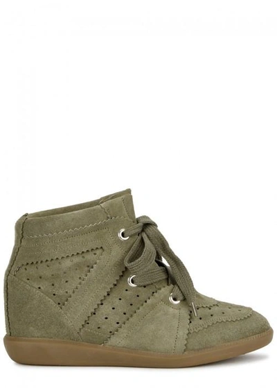 Shop Isabel Marant Bobby 90 Olive Suede Wedge Trainers In Taupe