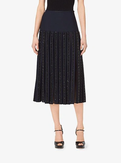 Shop Michael Kors Gem-embroidered Stretch-wool Pleat Skirt In Blue