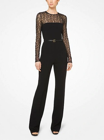 Shop Michael Kors Stretch Wool-crepe And Lace Jumpsuit In Black