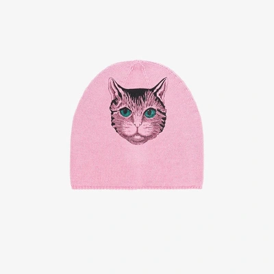 Shop Gucci Rose Beanie With Cat Print In Pink/purple