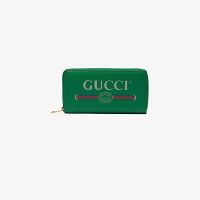 Shop Gucci Green Logo Leather Zip Around Wallet