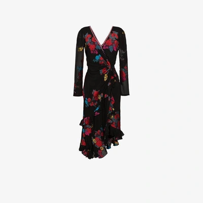Shop Etro Deep-v Floral Wrap Dress In Black
