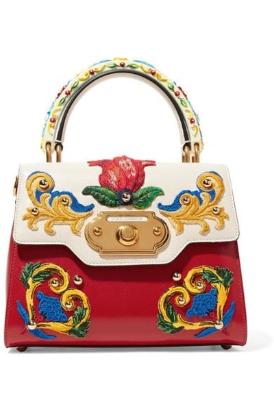 Shop Dolce & Gabbana Welcome Small Embroidered Leather Tote In Red