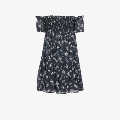 Shop Miu Miu Shirred Off The Shoulder Floral Bardot Dress In Blue