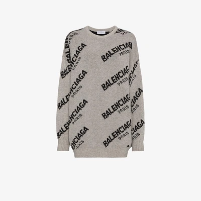 Shop Balenciaga Jacquard Oversized Logo Sweater In Grey