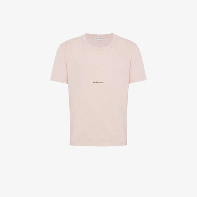 Shop Saint Laurent Distressed Logo Printed Cotton T Shirt In Pink/purple