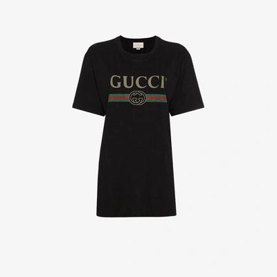 Shop Gucci Black Fake Logo Cotton T-shirt