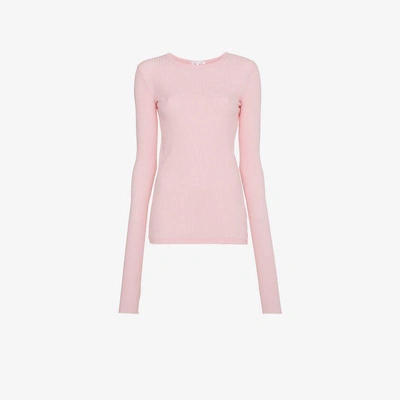 Shop Helmut Lang Ribbed Top With Thumb Holes In Pink&purple