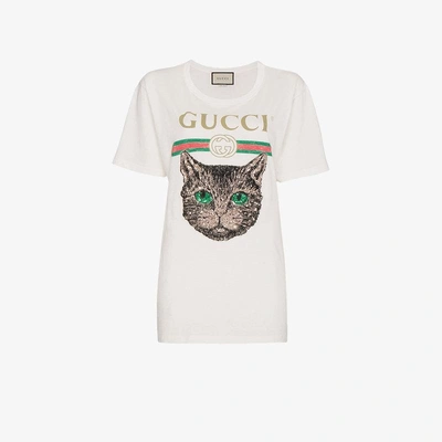 Shop Gucci Logo T-shirt With Mystic Cat In White