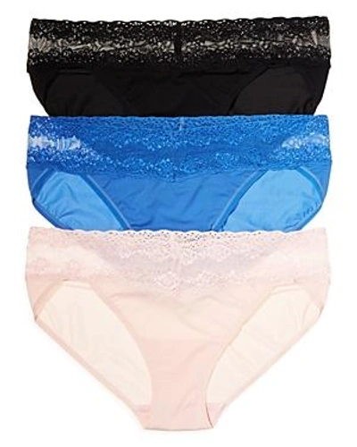 Shop Natori Bliss Perfection V-kinis, Set Of 3 In Black/shell/berry Blue