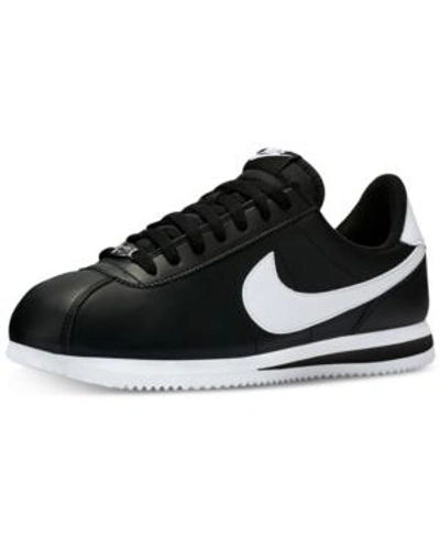 Shop Nike Men's Cortez Basic Leather Casual Sneakers In Black/white-metallic Silv